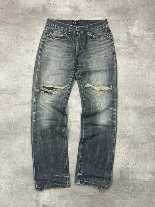 GREY WASHED VINTAGE Y2K JAPANESE STYLE PRINT DENIM - 2000s - M/L