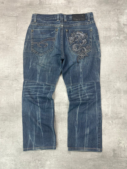 BLUE WASHED VINTAGE Y2K JAPANESE STYLE PRINT DENIM - 2000s - S