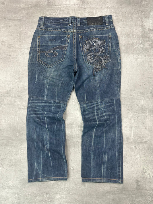 BLUE WASHED VINTAGE Y2K JAPANESE STYLE PRINT DENIM - 2000s - S