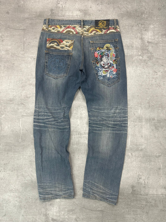 BLUE WASHED VINTAGE Y2K JAPANESE STYLE PRINT DENIM - 2000s - M/L
