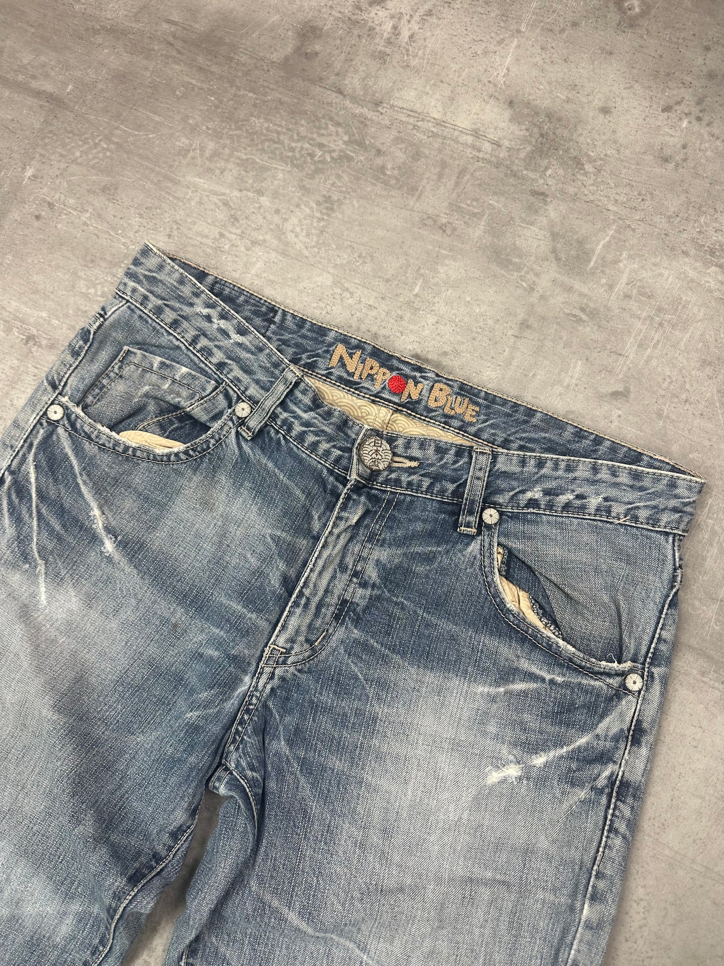 BLUE WASHED VINTAGE Y2K JAPANESE STYLE PRINT DENIM - 2000s - M/L