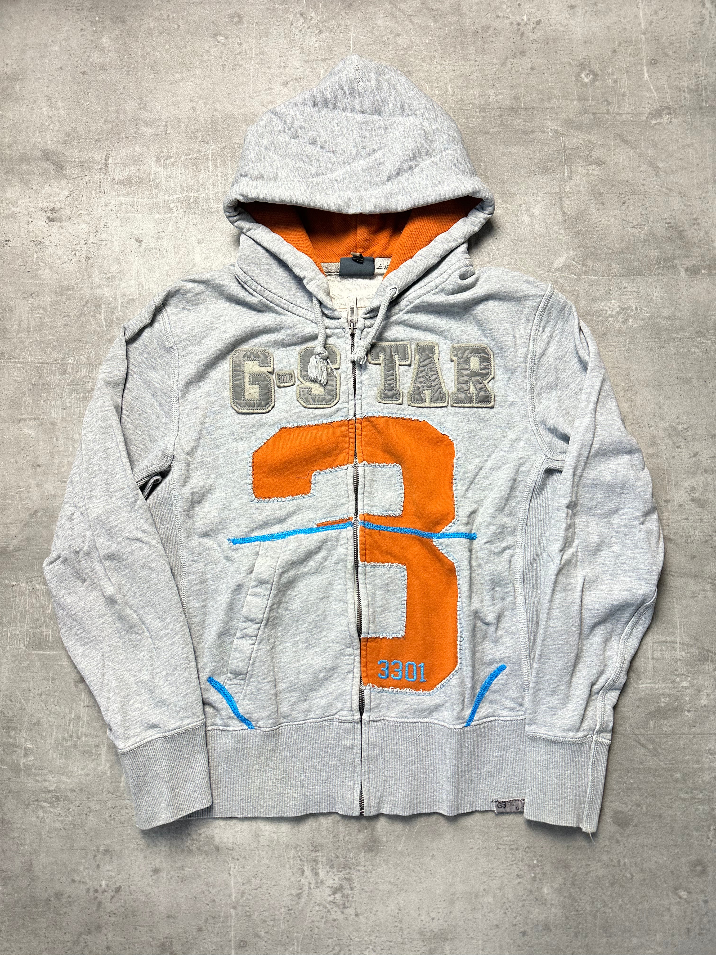 GREY/ORANGE VINTAGE G-STAR RAW ZIP HOODIE RARE - 2000s - M