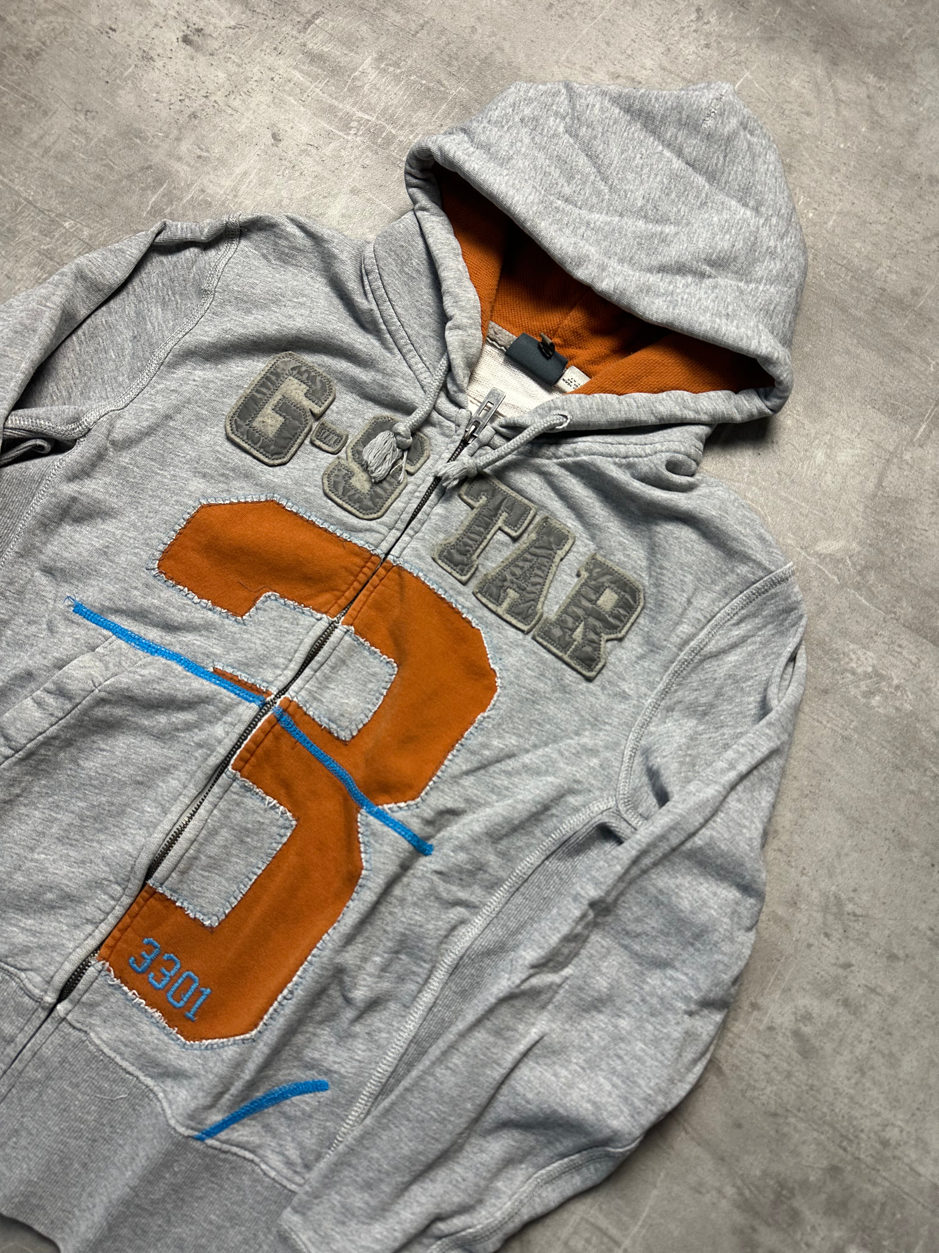 GREY/ORANGE VINTAGE G-STAR RAW ZIP HOODIE RARE - 2000s - M