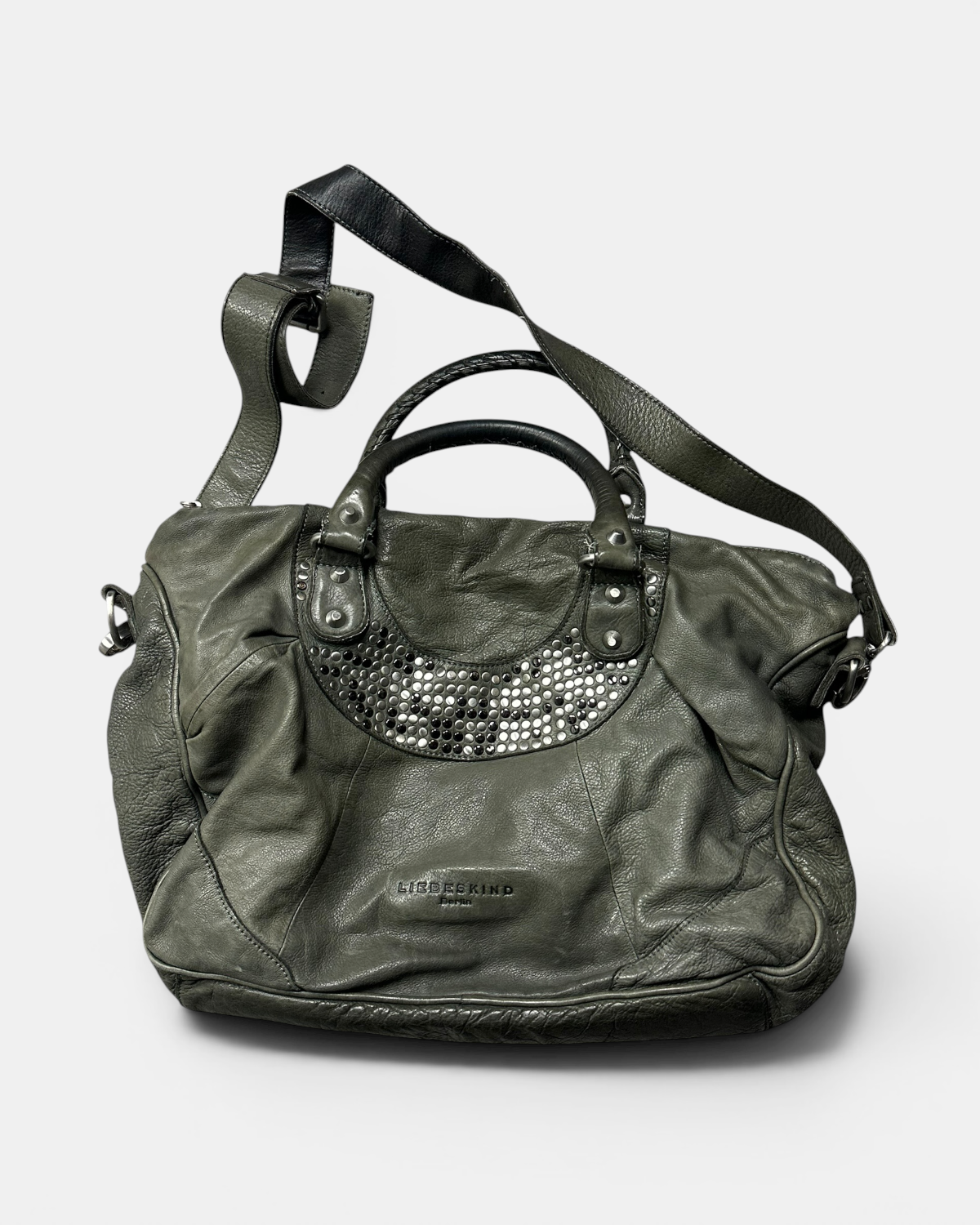 KHAKI VINTAGE LIEBESKIND BERLIN RARE LEATHER EMBROIDERY BAG Y2K