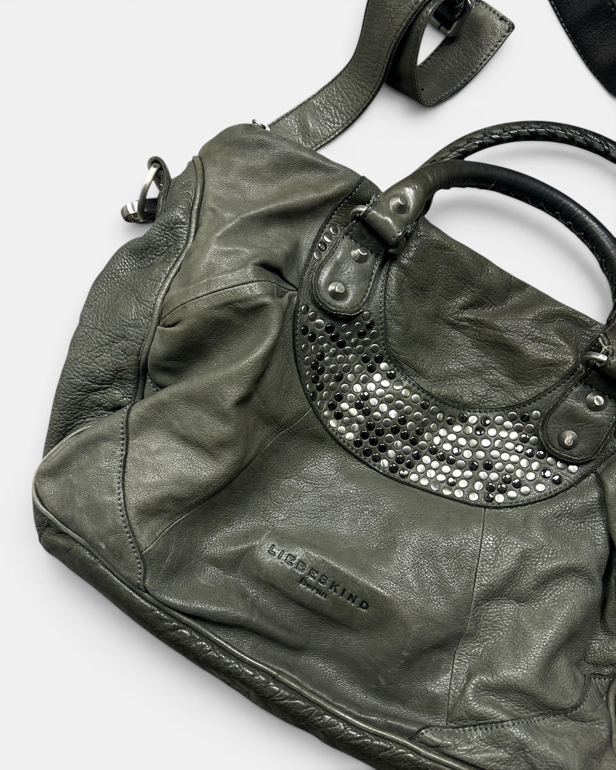 KHAKI VINTAGE LIEBESKIND BERLIN RARE LEATHER EMBROIDERY BAG Y2K